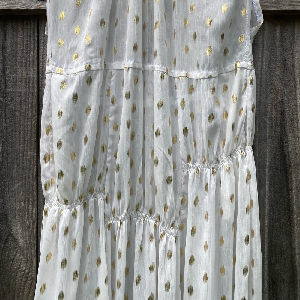 Plains & Prints Elegant White and Gold Polka Dot sheer Dress - Picture 4 of 11